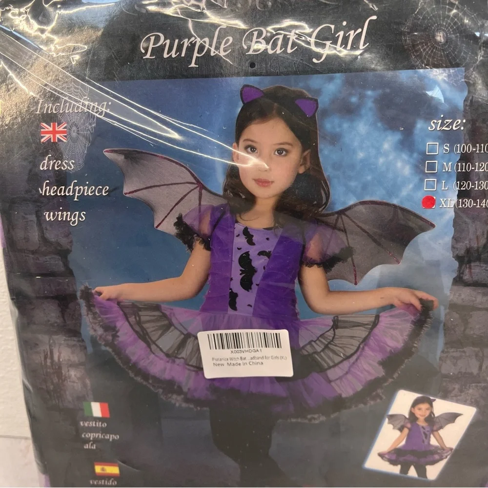 NWT Girls Bat Witch‎ Costume Halloween Cosplay Fancy Dress Up with Bat Wings XL